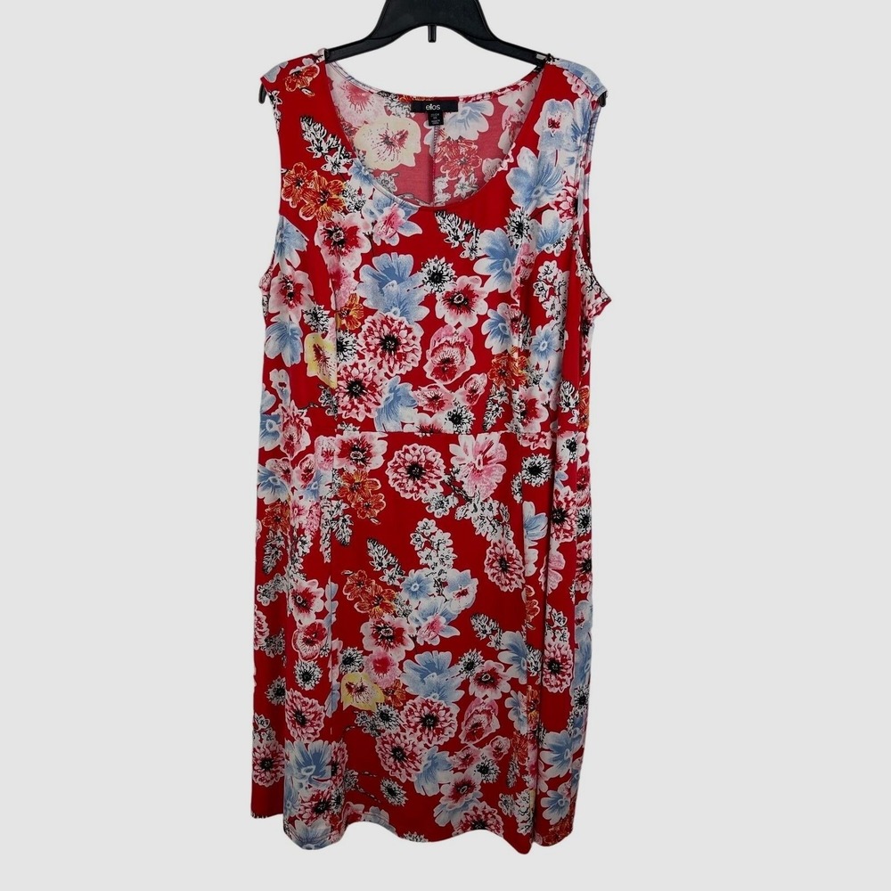 Ellos Floral A-Line Sleeveless Dress Women 1X Plus Stretch Red Blue Boho